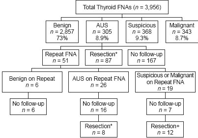 The breakdown of the Bethesda System categories along with the frequencies of repeat FNA at our institution and the rates of diagnosis for the second FNA. *The 95 cases in our cyto–histo correlation were derived from the two categories with gray boxes. + Cases with a second FNA that were interpreted as malignant or suspicious for malignancy were not counted as AUS in the correlation with the cytopathology.