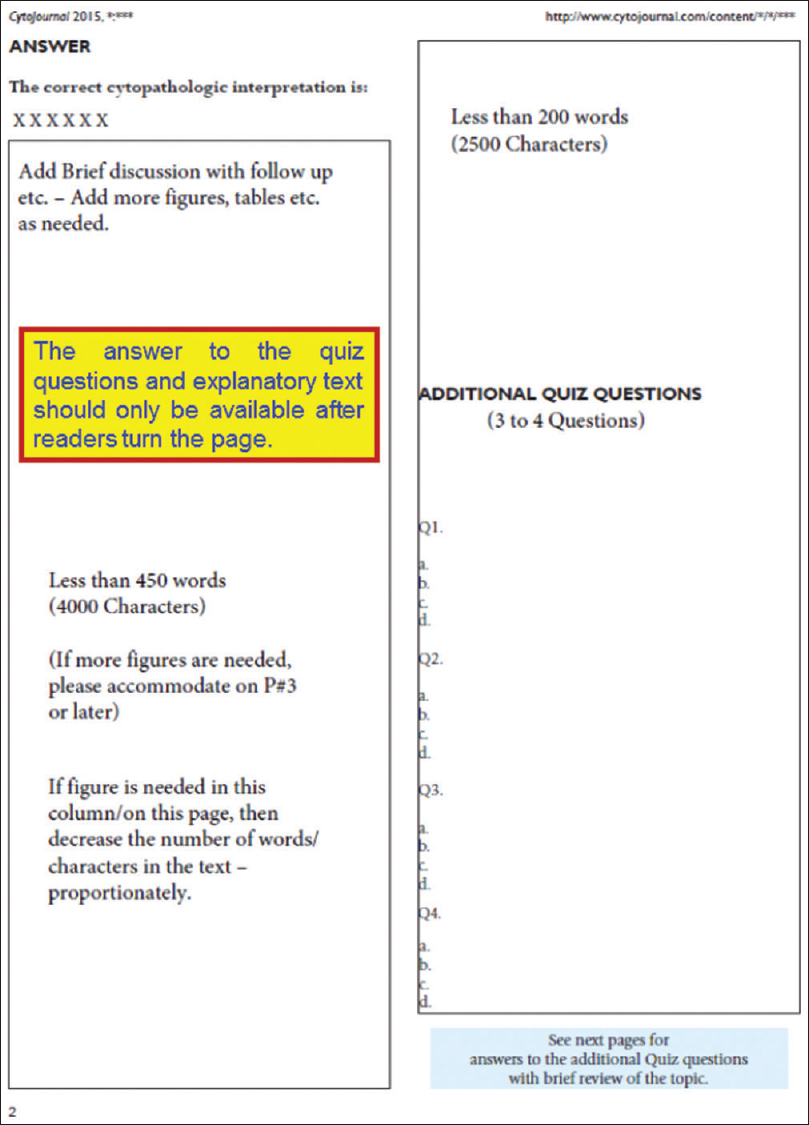 Layout of second page for the final PDF of CytoJournal Quiz Cases (http://www.cytojournal.com/downloads/104h_CytoJournal_Quiz_Case_Blank_Template.pdf)