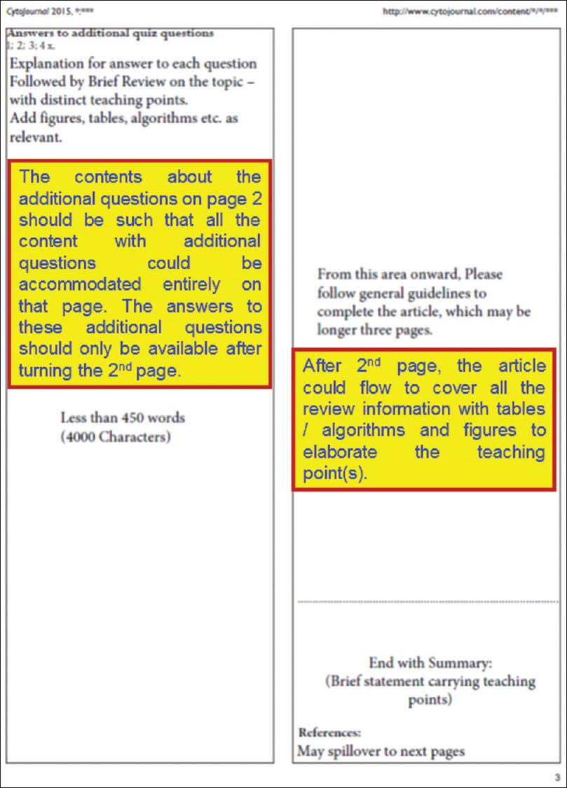 Layout of pages after second page for the final PDF of CytoJournal Quiz Cases (http://www.cytojournal.com/downloads/104h_CytoJournal_Quiz_Case_Blank_Template.pdf)