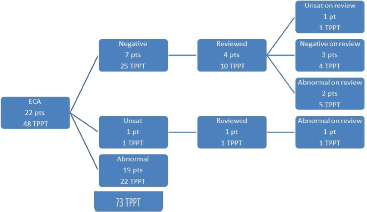 ThinPrep Pap Test re-review algorithm for 22 patients with endocervical adenocarcinoma (48 total ThinPrep Pap Test)