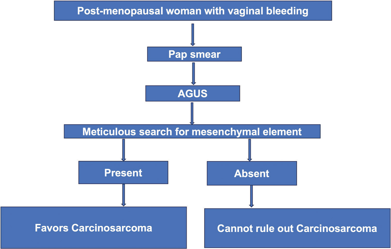 Algorithmic approach for evaluating atypical glandular cells of uncertain significance in post-menopausal women with reference to uterine carcinosarcoma (UCS). This is not for definitive diagnosis of UCS.