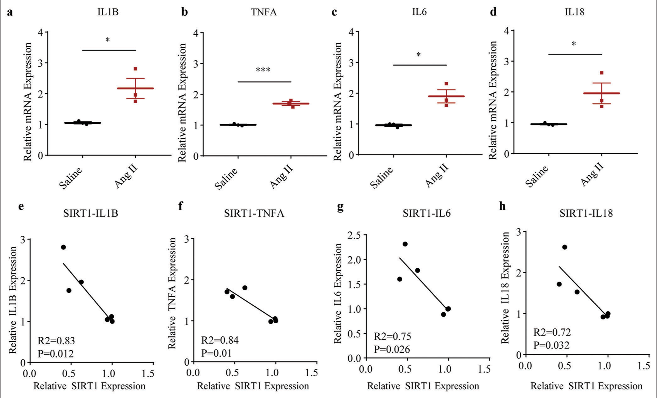 Higher inflammatory cytokine levels in Ang II-induced HASMCs and the negative correlations between SIRT1 and inflammatory cytokines. (a-d) qRT-PCR assay was applied to determine the difference in the mRNA expression levels of inflammatory cytokines, including IL1B (a), TNFA (b), IL6 (c), and IL18 (d) following Ang II and saline induction in HASMCs. (e-h) Correlations between SIRT1 and pro-inflammatory cytokines in Ang II-induced modeled or saline-treated HASMCs, as revealed by Pearson’s correlation test. All experimental data were derived from over three independent tests and expressed as mean ± standard deviation. (*P < 0.05, ***P < 0.001. SIRT1: Sirtuin 1, Ang II: Angiotensin II, HASMCs: Human aortic smooth muscle cells, IL1B: Interleukin 1 beta, TNFA: Tumor necrosis factor alpha, IL6: Interleukin 6, IL18: Interleukin 18, mRNA: Messenger RNA, qRT-PCR: Quantitative real-time polymerase chain reaction.)