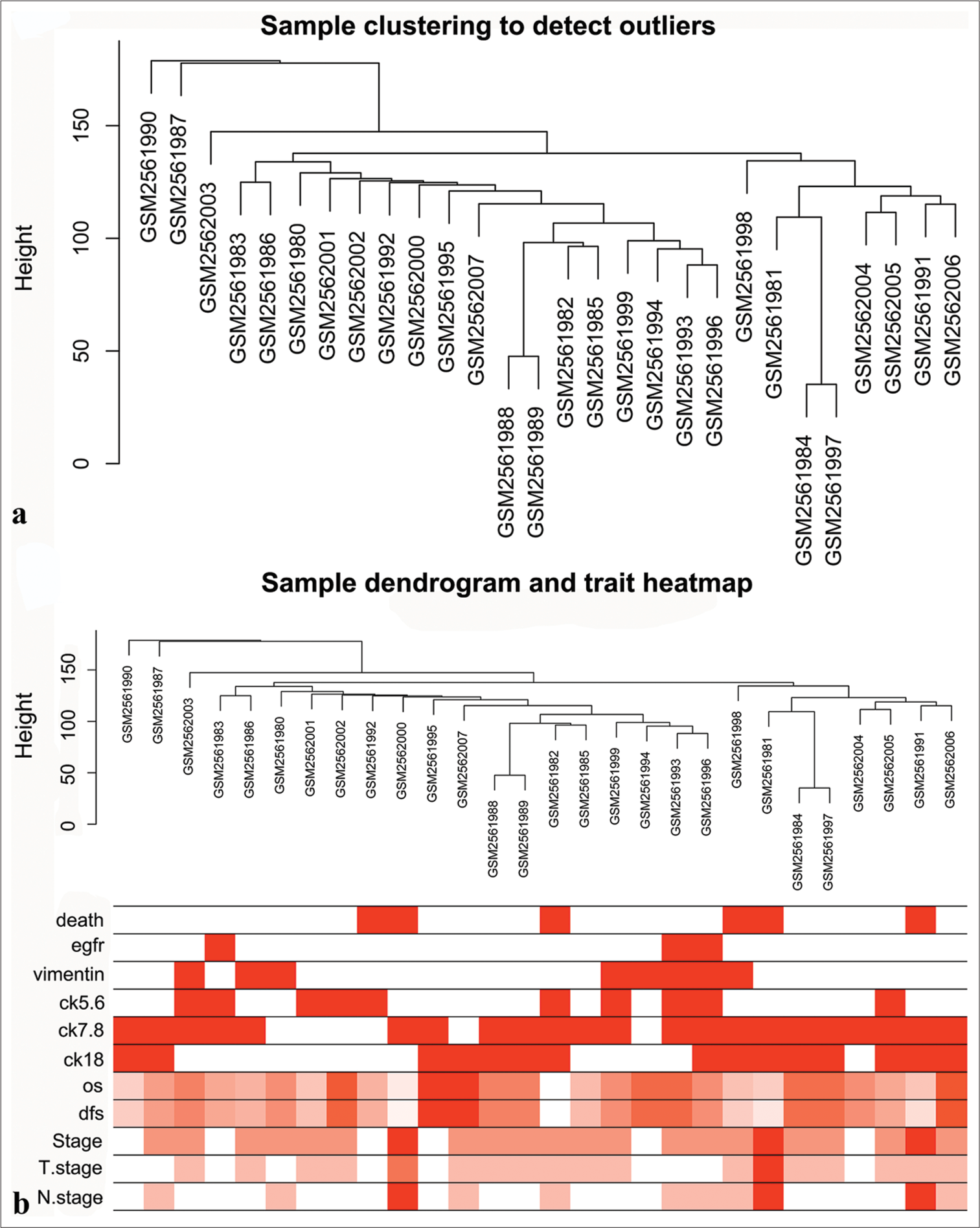 Data download and preprocessing. (a) Confirmation of samples. (b) Heatmap of samples and clinical features.