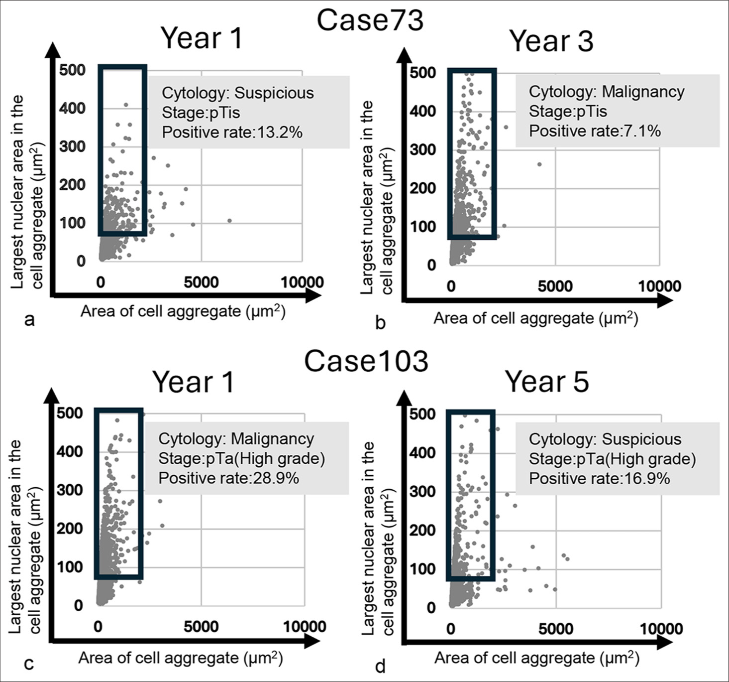 Scatter plot of the area of cell/cell aggregate and their largest nuclear area in the cell/cell aggregate for metachronous tumor cases. (a and b) Scatter plot of initially developed tumor and secondary developed tumor in Case 73. (c and d) Scatter plot of initially developed tumor and secondarily developed tumor in Case 103.